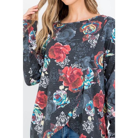 Black Floral Wrap Front Tunic Top - Picture 2 of 9
